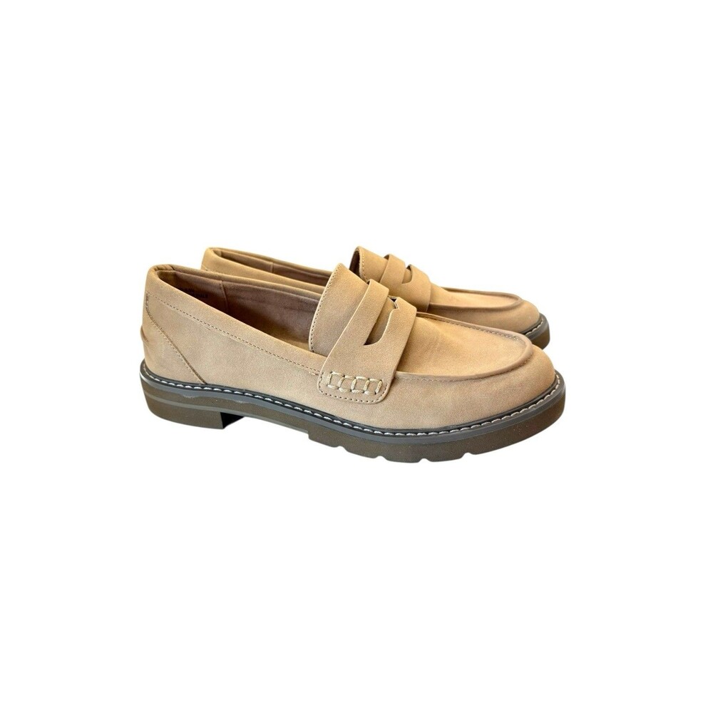 Rachel Zoe Vassar Women's 6.5 Tan Vegan Suede Penny Loafer Lug Sole Slip On